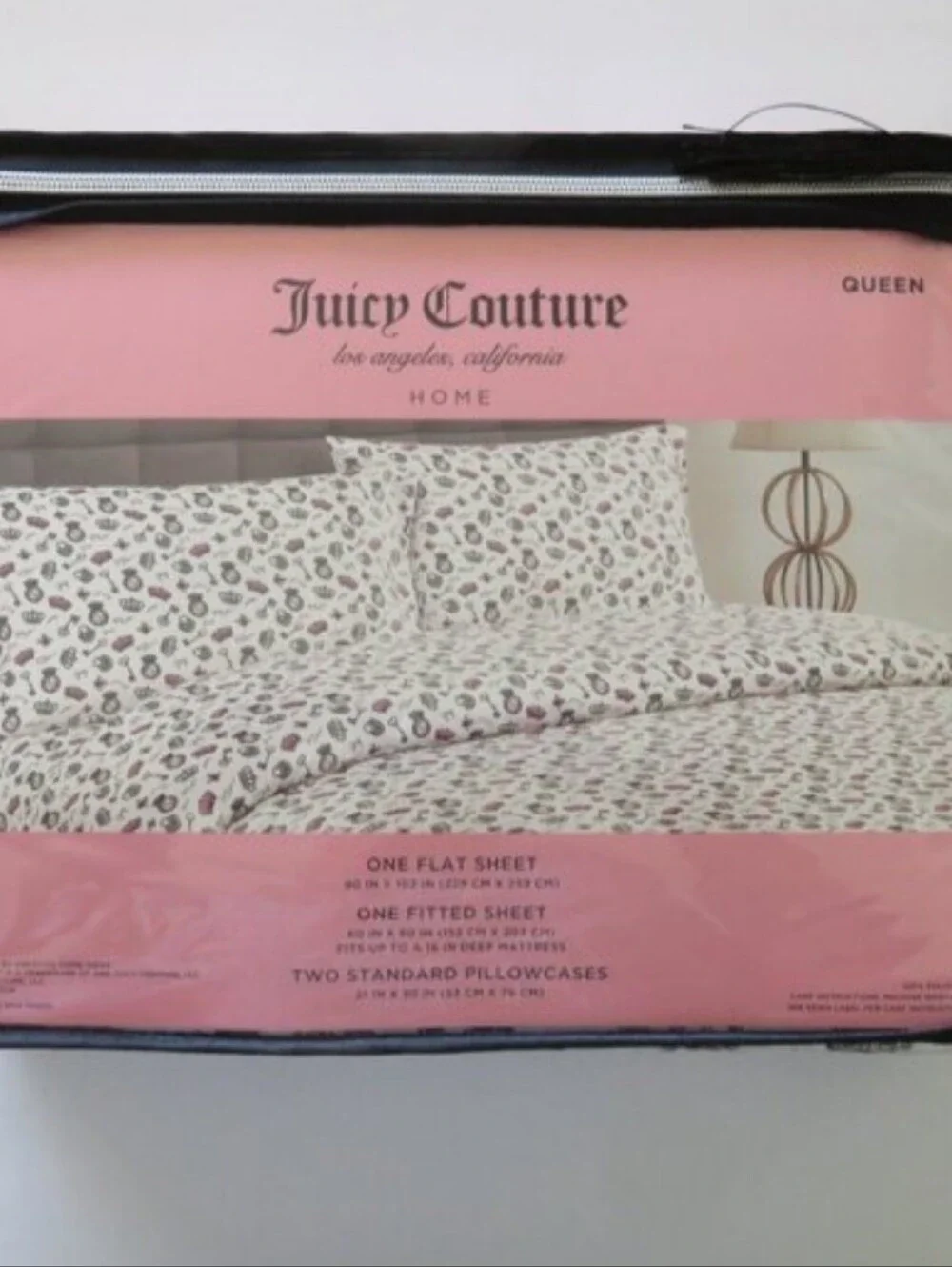 Juicy Couture Home JC Logo Heart Crown Queen Bed Sheet Set